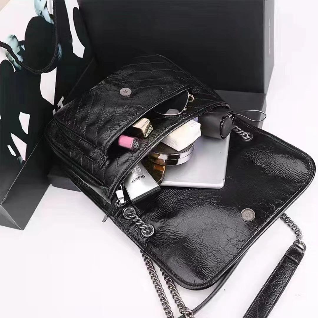 【Vintage Bag】Crinkled Vintage corrugated oil and wax leather Shoulder Bag,,buy 1 get 1 pony and 1 coins purse