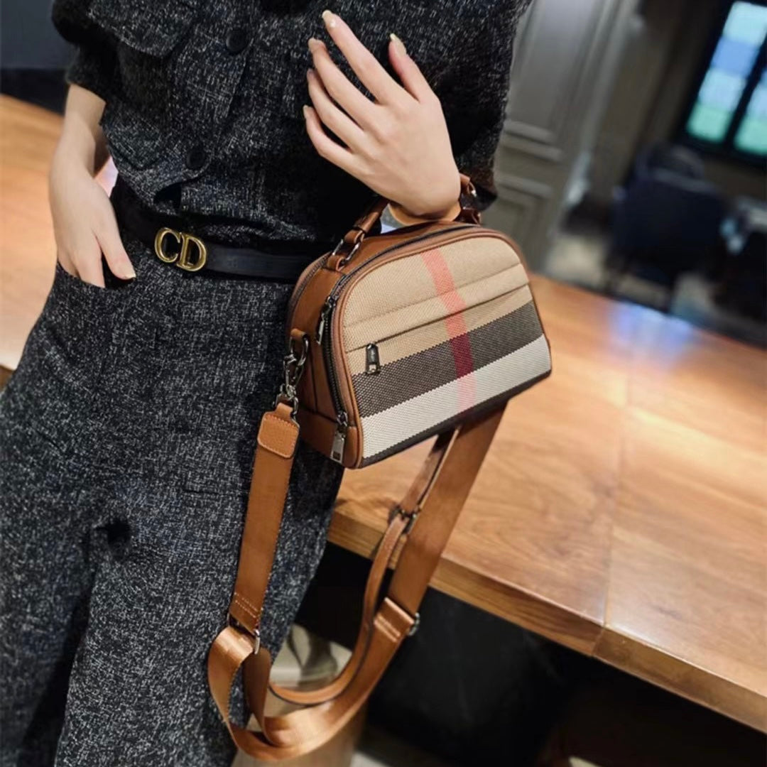 【NEW】【Iron Bag】Checkered cowhide Leather Double Zipper Crossbody Bag Buy 1 Get 1 pony and 1 coin purse