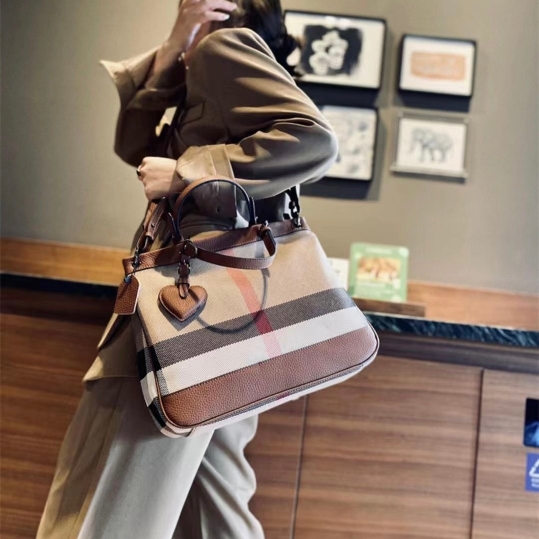 【Heart Tag】Cowhide Leather Bag Zipper Checkered Handbag,buy 1 get 1 pony and 1 coins purse