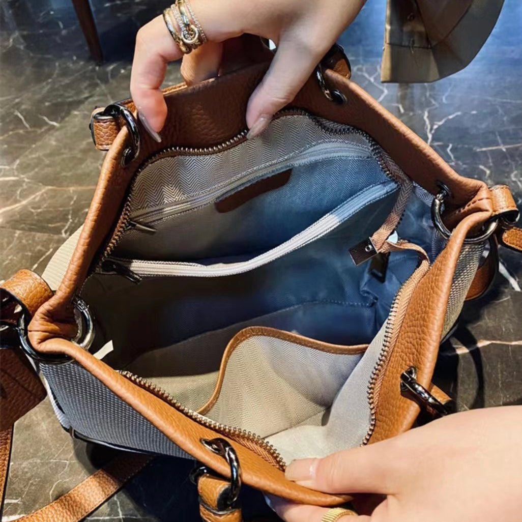 【Heart Tag】Cowhide Leather Bag Zipper Checkered Handbag,buy 1 get 1 pony and 1 coins purse