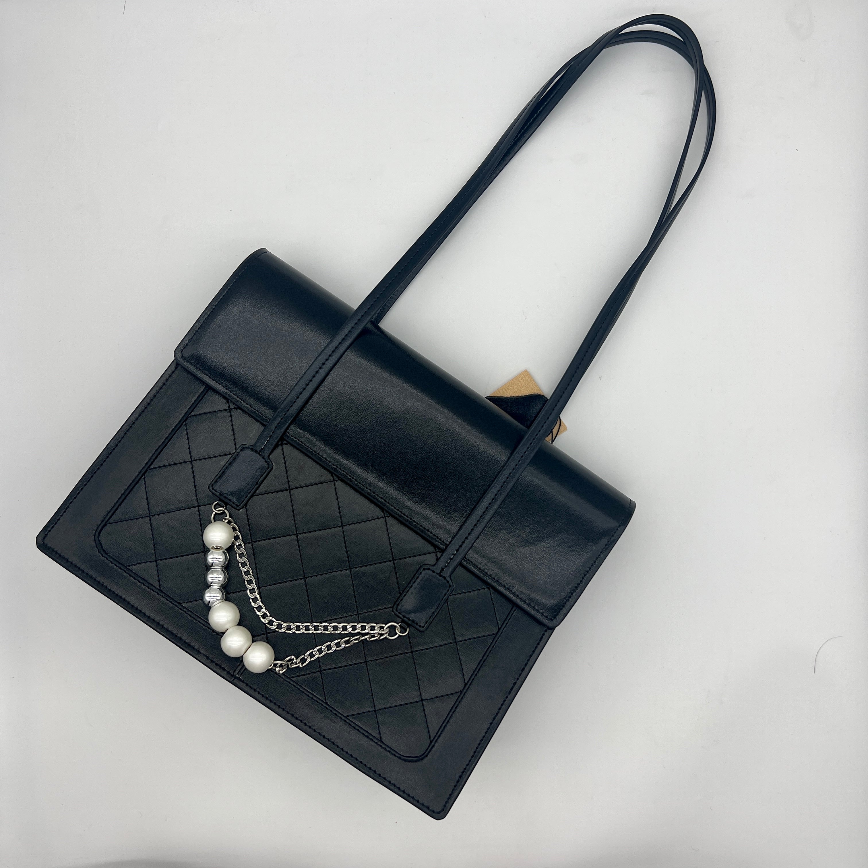【Lady Shoulder Bag】Cowhide Leather Pearl chain decorative flap bag,buy 1 get 1 pony and 1 headband