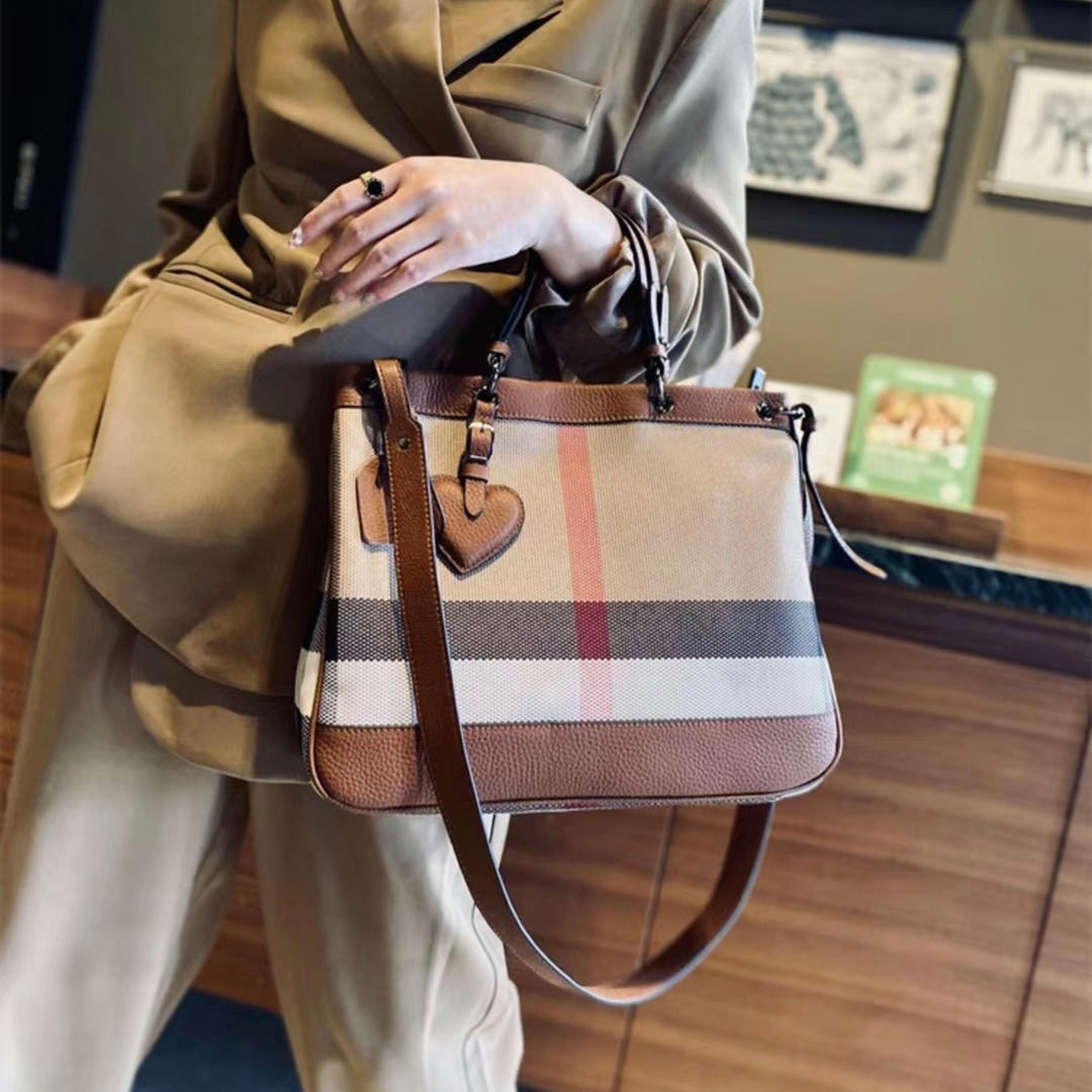 【Heart Tag】Cowhide Leather Bag Zipper Checkered Handbag,buy 1 get 1 pony and 1 coins purse