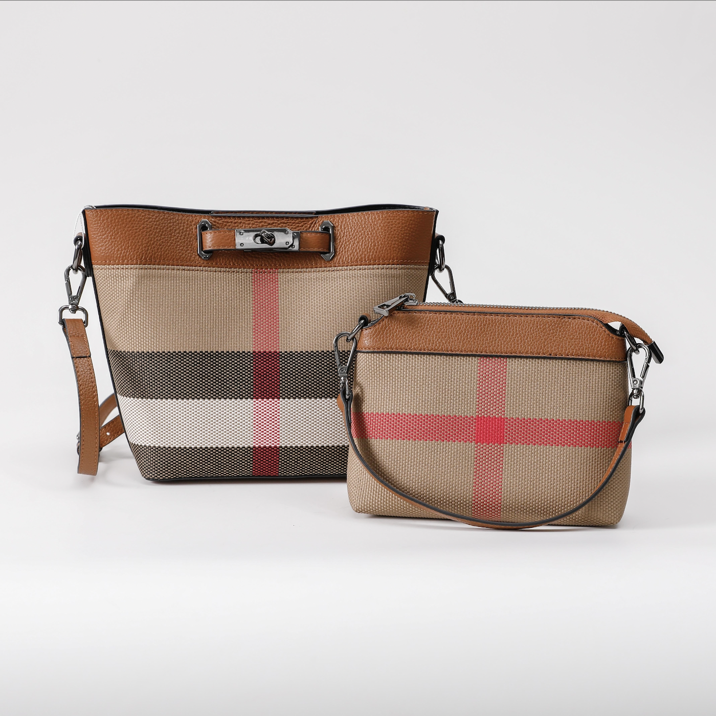 【Lock Bucket】【2 in 1】Checked Bucket Bag— L 7.88" , W 3.94" , H 7.88"-buy 1 get 1 pony and 1 coins purse