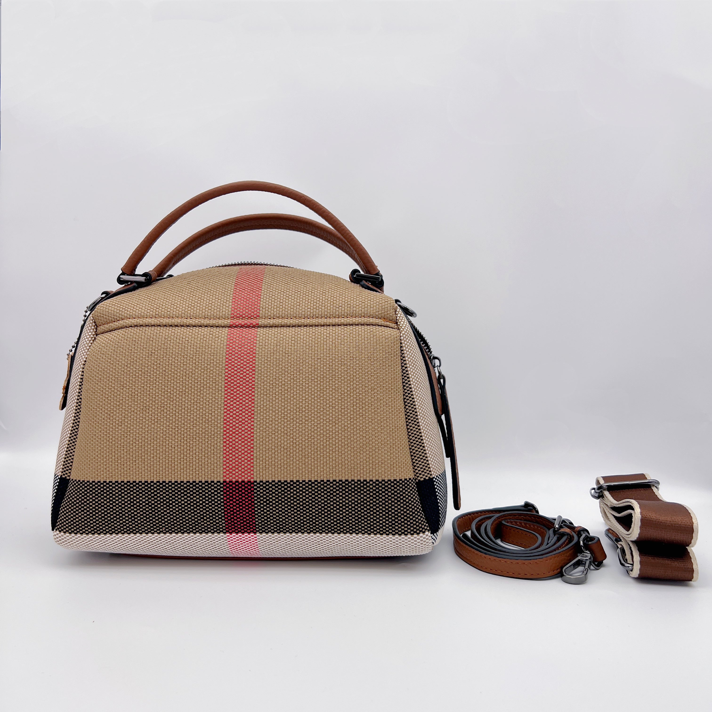 【Star Boston】Checkered Zipper Boston Handbag-buy 1 get 1 pony and 1 coins purse
