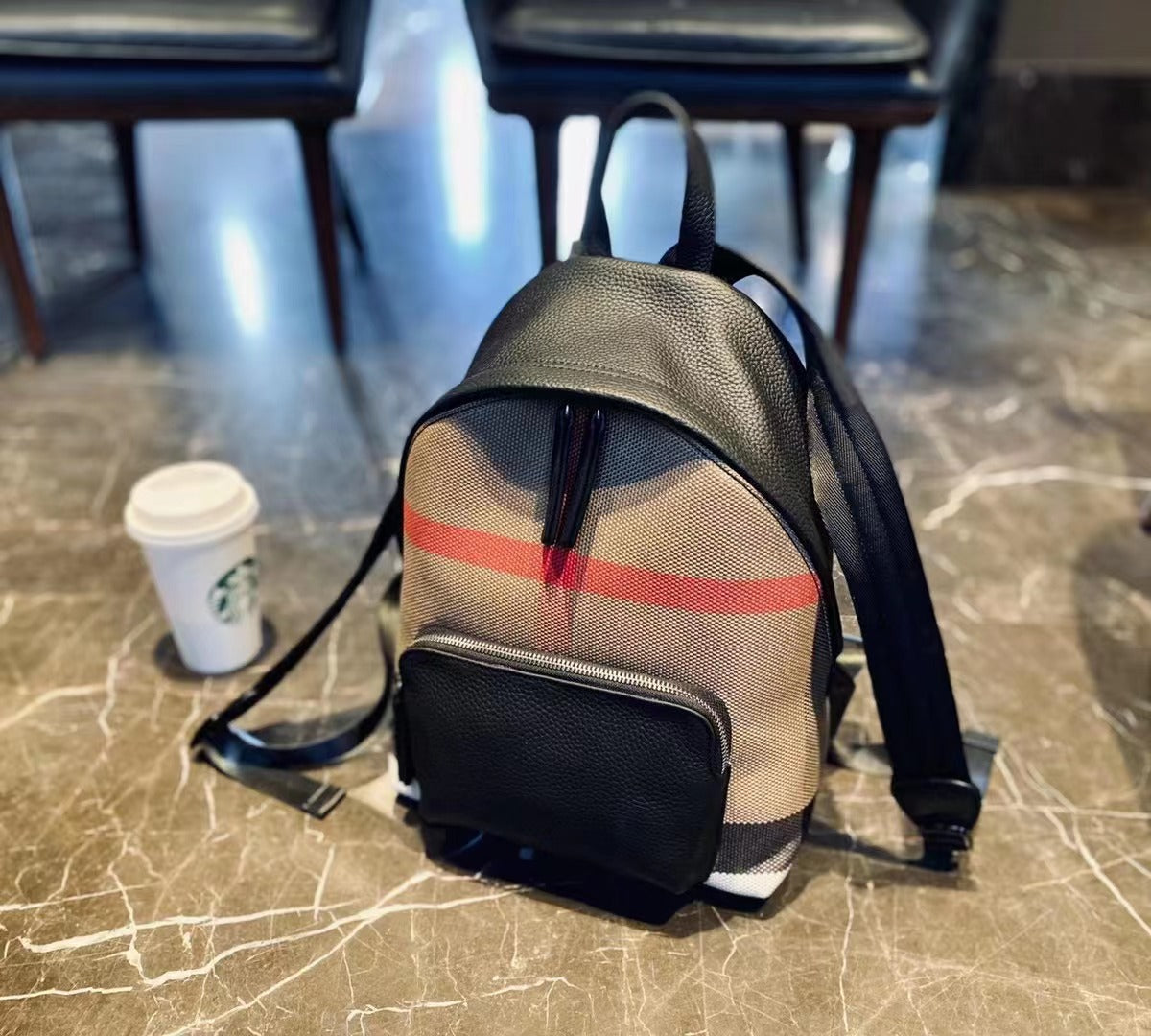 【Zipper Backpack】Unisex Cowhide Leather BP Travel Bag(pocket) L 10.24" , W 12.6" , H 6.3"-,buy 1 get 1 pony and 1 headband