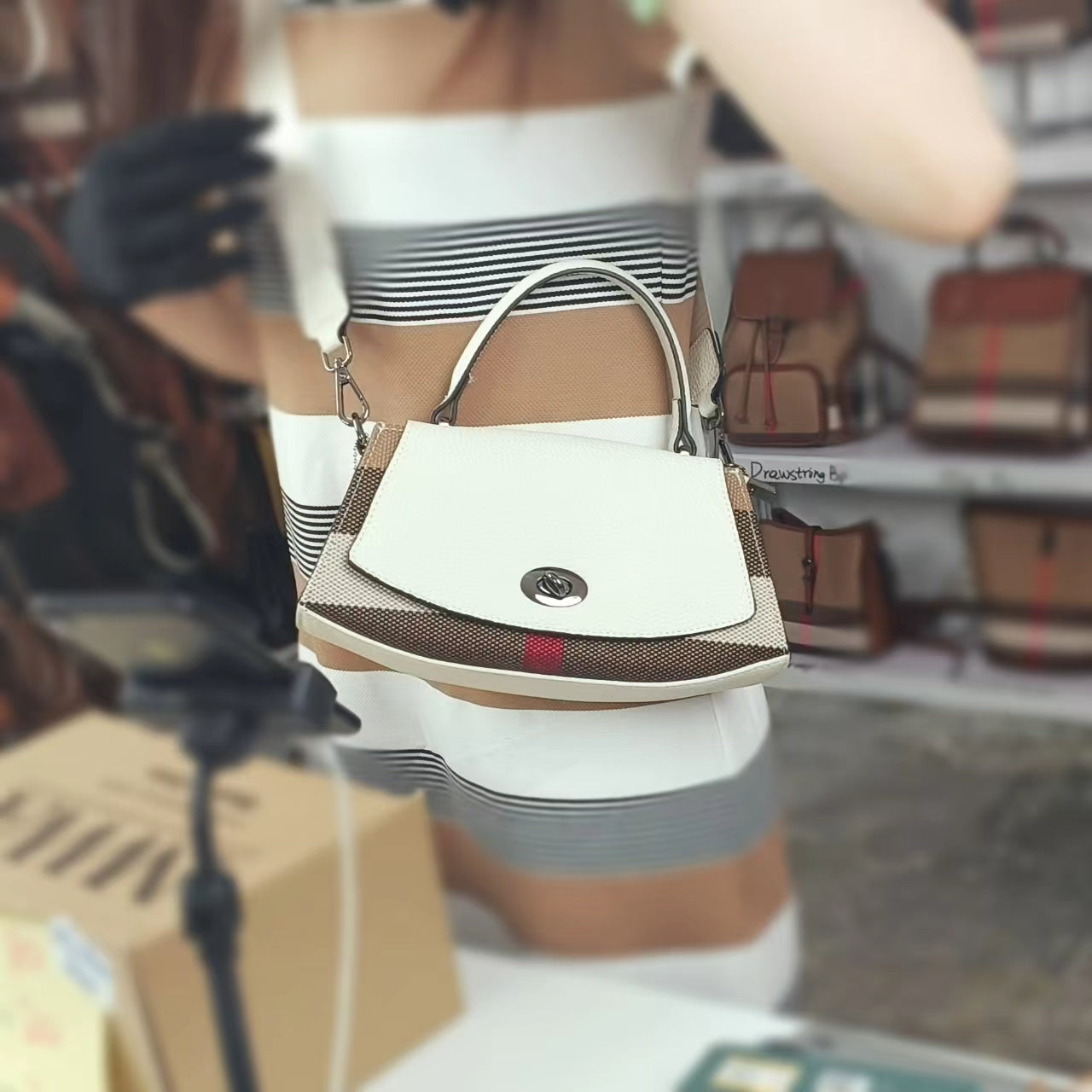 【Crescent Handbag】Checkered Leather Flap Handle Crossbody Bag-,buy 1 get 1 pony and 1 headband