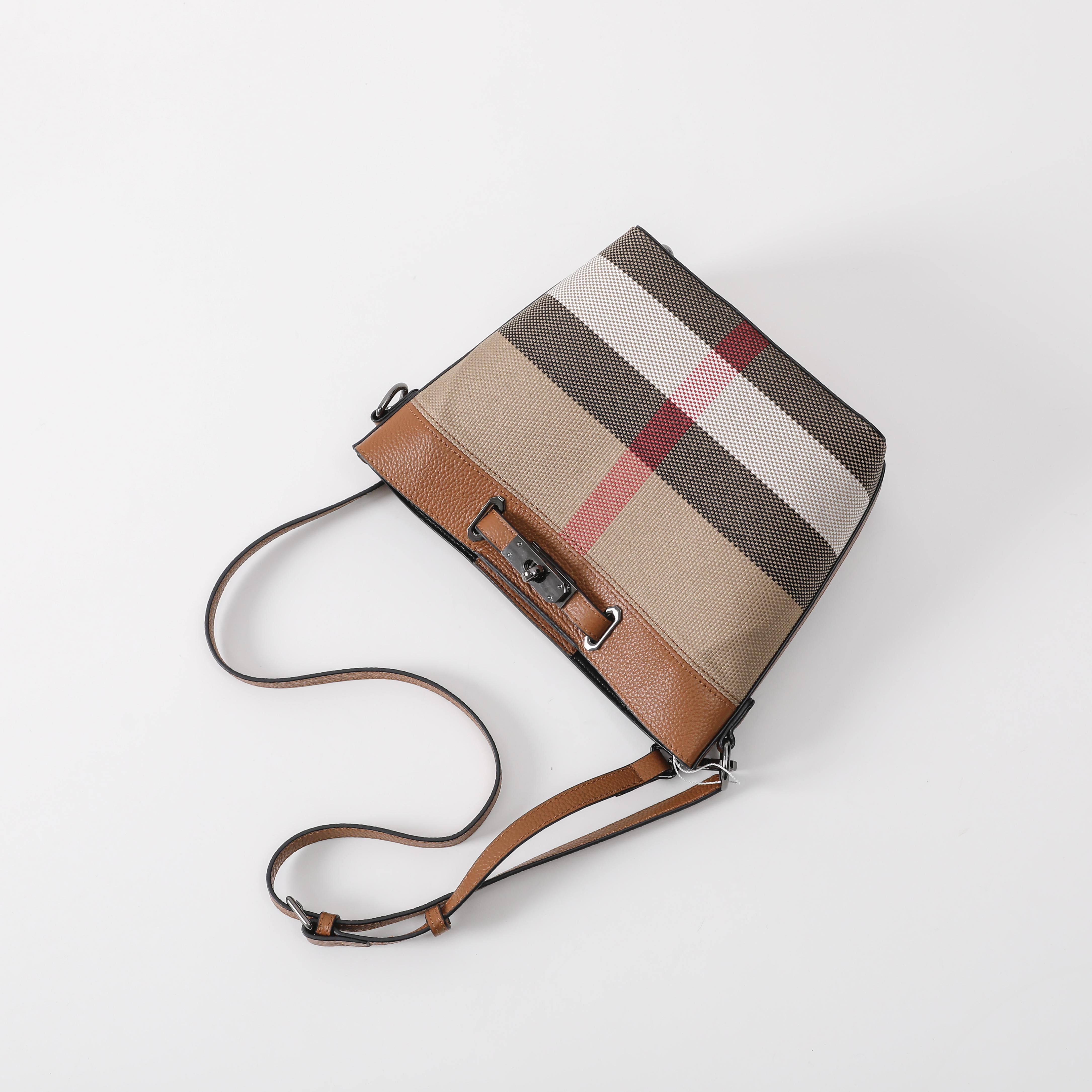 【Lock Bucket】【2 in 1】Checked Bucket Bag— L 7.88" , W 3.94" , H 7.88"-buy 1 get 1 pony and 1 coins purse