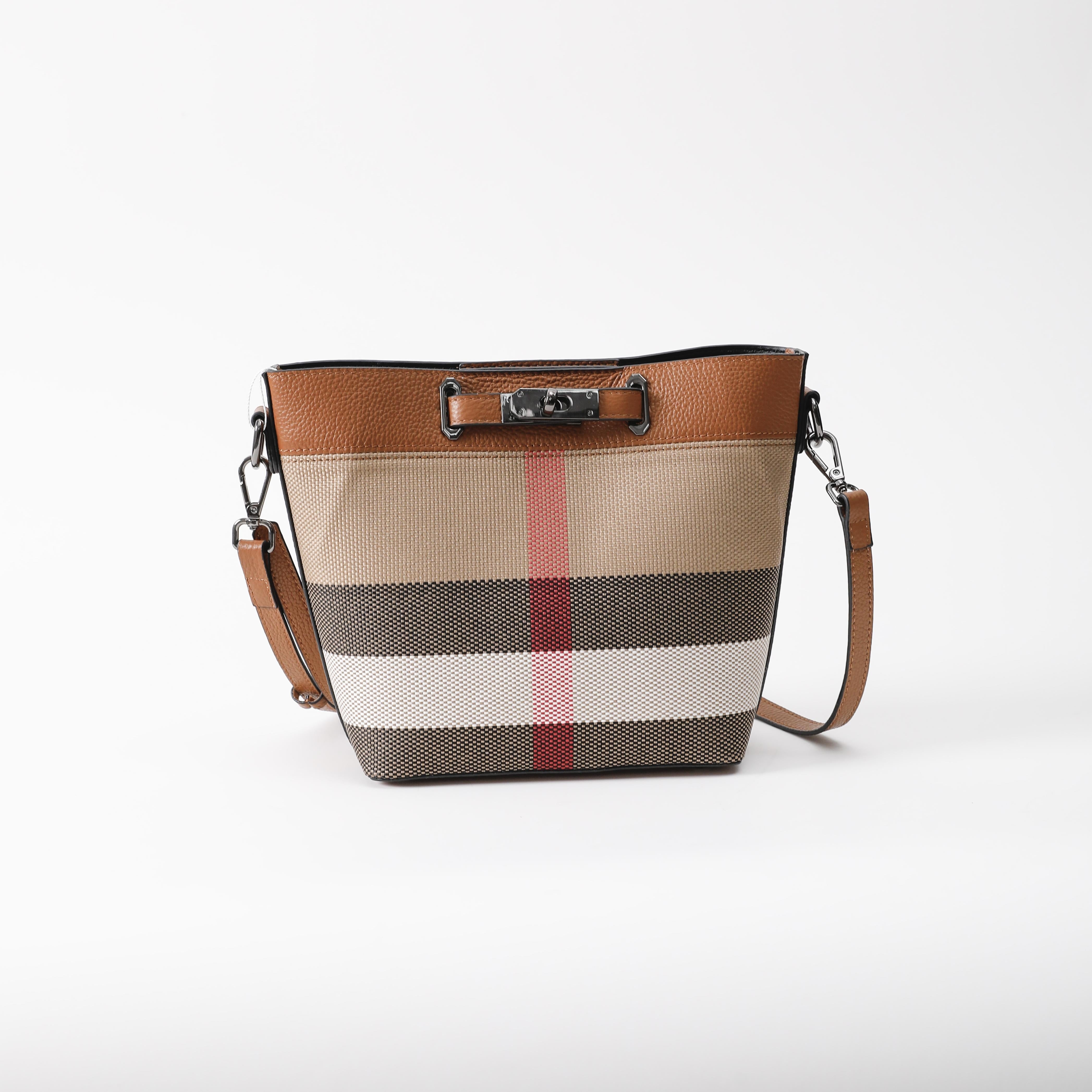 【Lock Bucket】【2 in 1】Checked Bucket Bag— L 7.88" , W 3.94" , H 7.88"-buy 1 get 1 pony and 1 coins purse