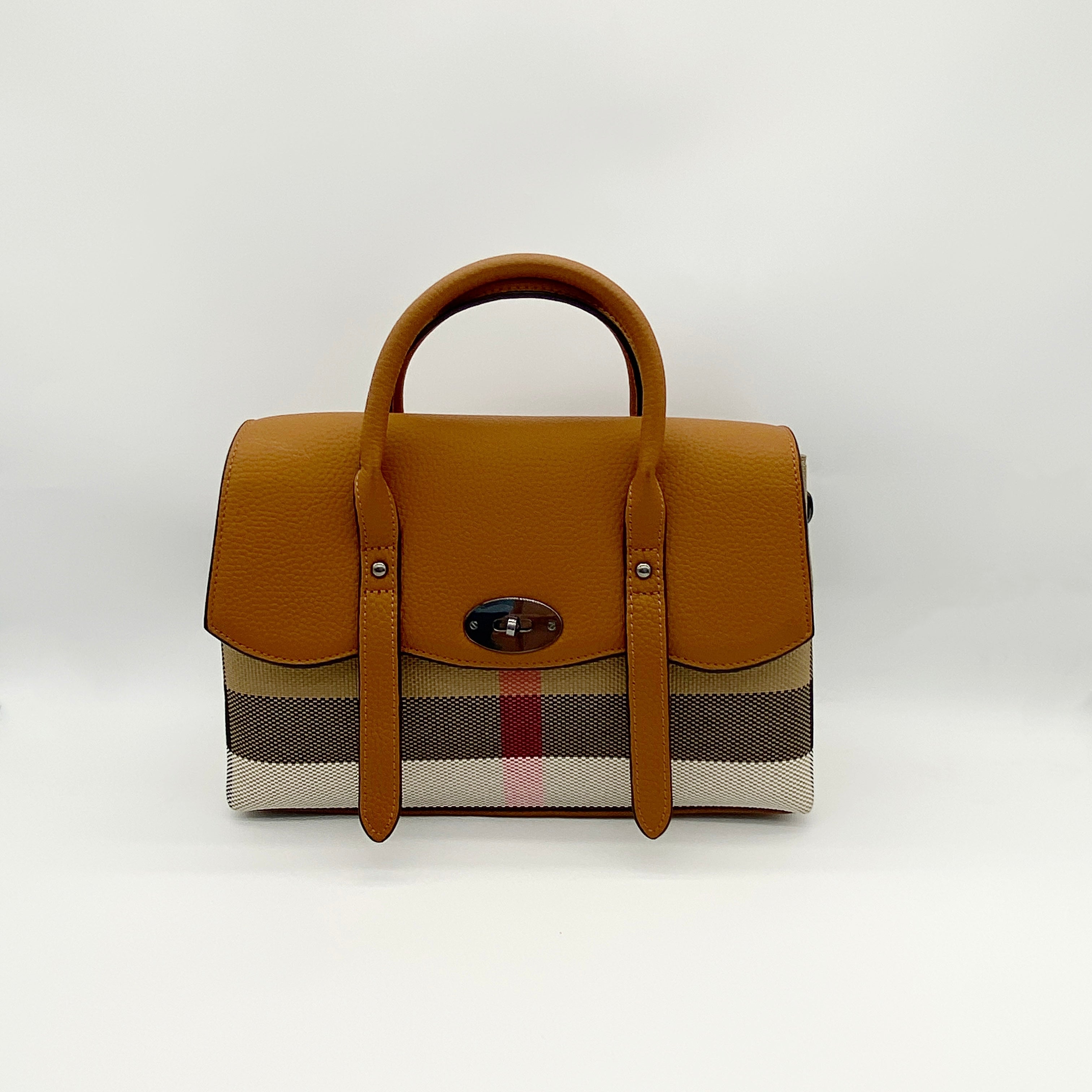 【Flower Boston】Checkered Flap Handle Boston Bag-,buy 1 get 1 pony and 1 headband
