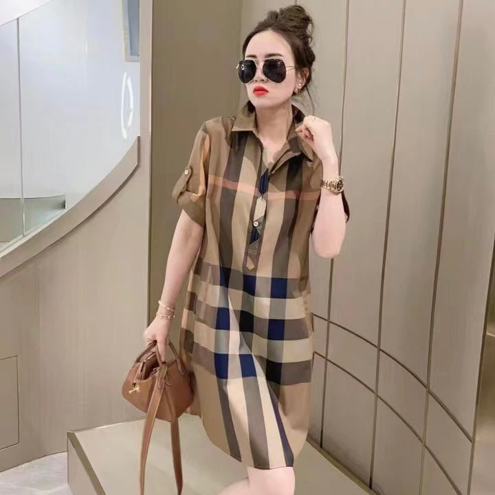 【BoBo's Dress】Checkered Short-sleeved Shirt Dress,buy 1 get 1 pony and 1 headband