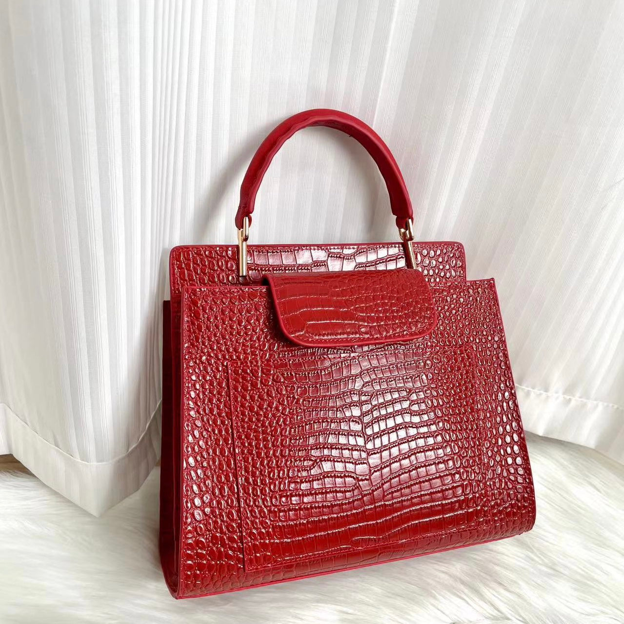 【Elena Handbag】Crocodile Pattern Cowhide Leather Bag,buy 1 get 1 pony and 1 headband