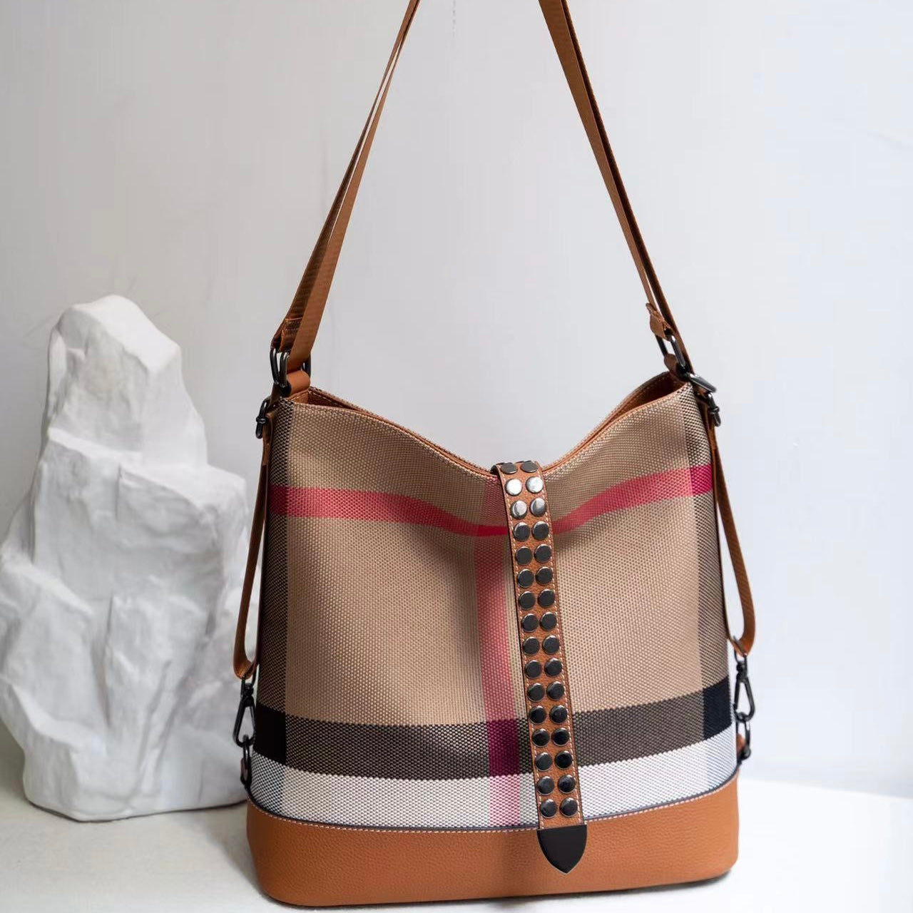 【Infinite Bag】Checkered Cowhide Leather Tote Shoulder Backpack-,buy 1 get 1 pony and 1 headband