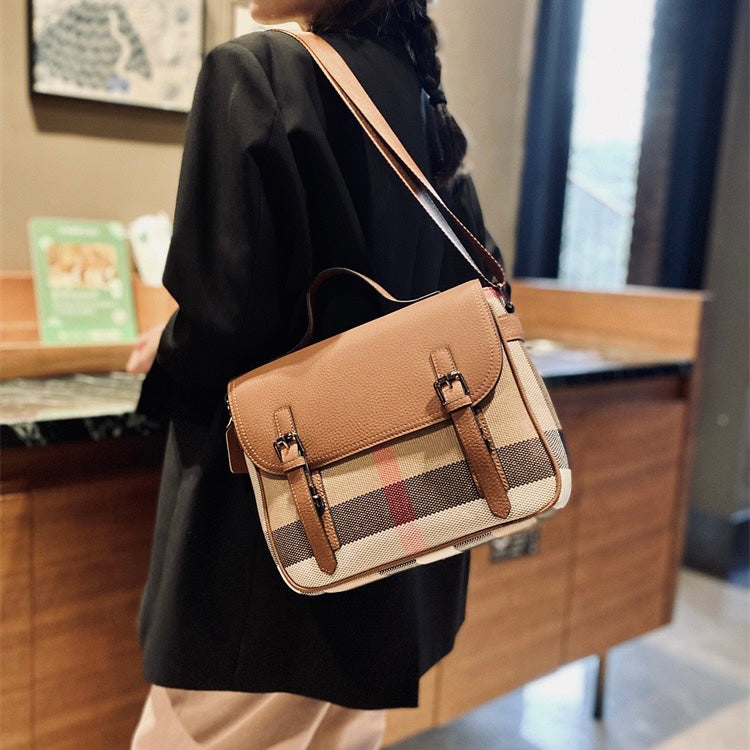 【Messenger Bag】Unisex Checkered Real Leather Flap Lock Shoulder Bag-,buy 1 get 1 pony and 1 headband