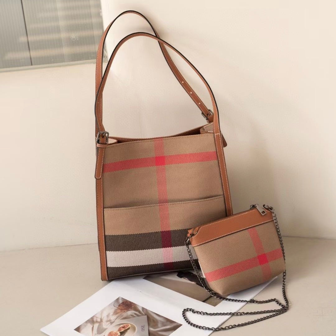 【Bb bag】【2 in 1】Checkered Cowhide Leather Shoulder Bag with Chain Cellphone Bag,buy 1 get 1 pony and 1 headband