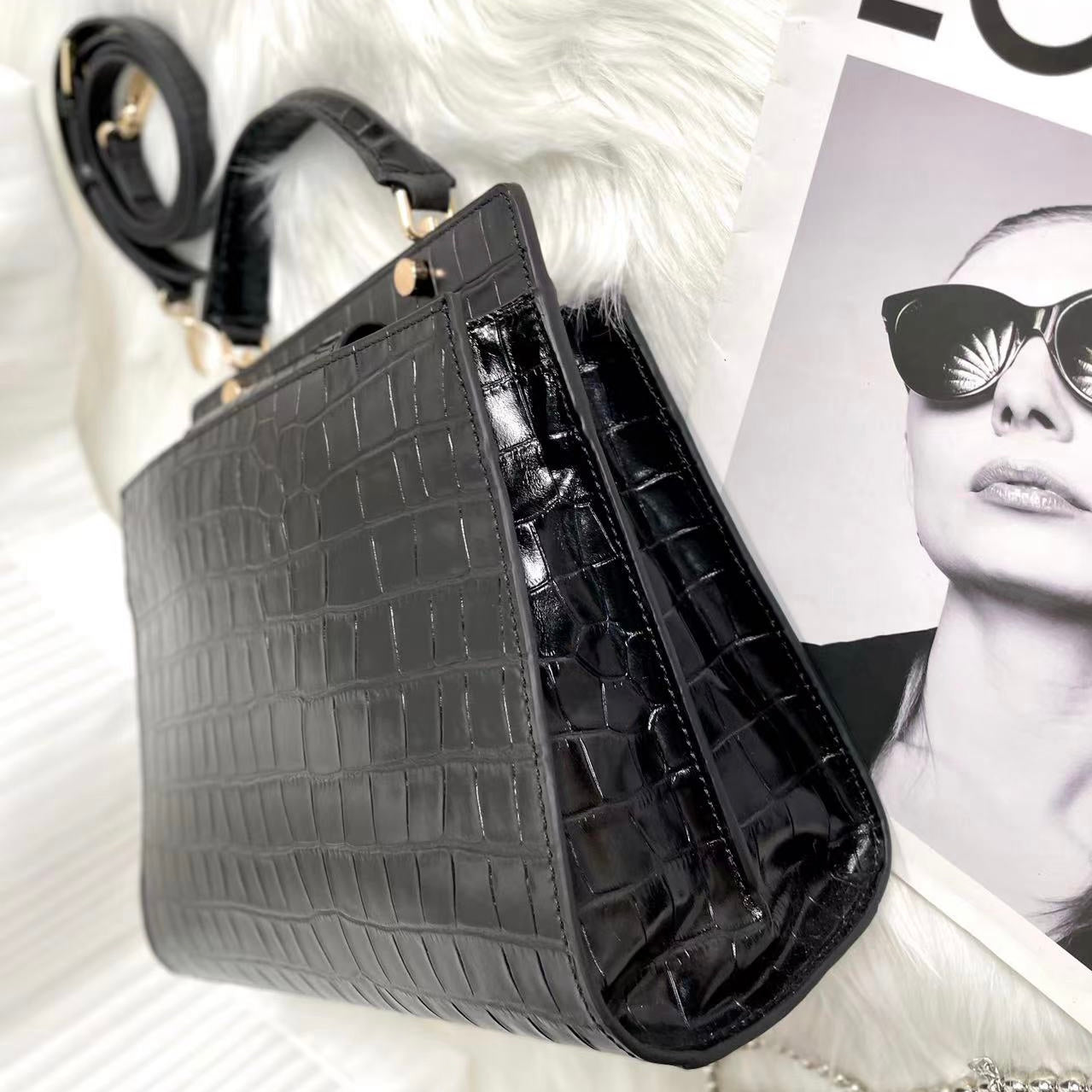 【Elena Handbag】Crocodile Pattern Cowhide Leather Bag,buy 1 get 1 pony and 1 headband