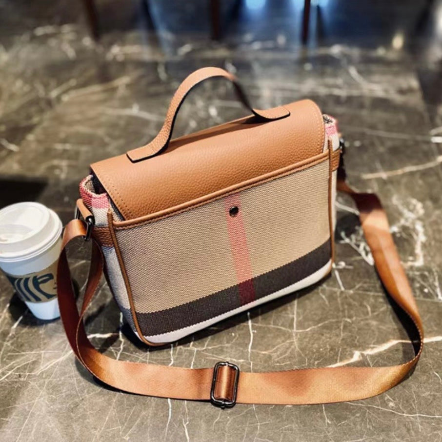 【Messenger Bag】Unisex Checkered Real Leather Flap Lock Shoulder Bag-,buy 1 get 1 pony and 1 headband
