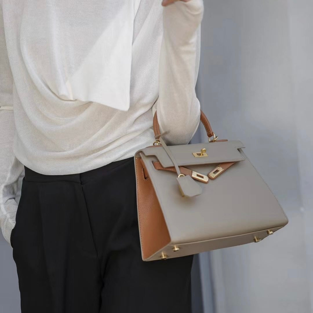 【Espom KL】Cowhide Leather 2 Tone Color Handbag---,buy 1 get 1 pony and 1 headband