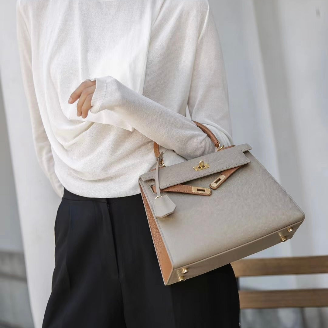 【Espom KL】Cowhide Leather 2 Tone Color Handbag---,buy 1 get 1 pony and 1 headband