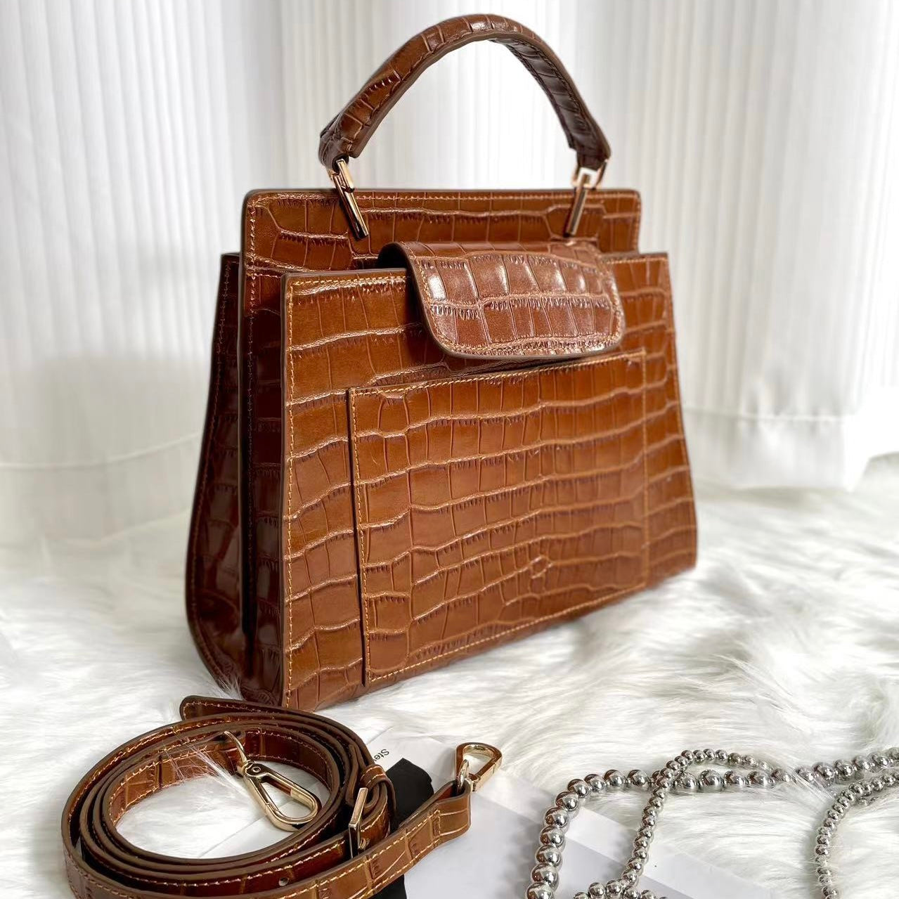 【Elena Handbag】Crocodile Pattern Cowhide Leather Bag,buy 1 get 1 pony and 1 headband