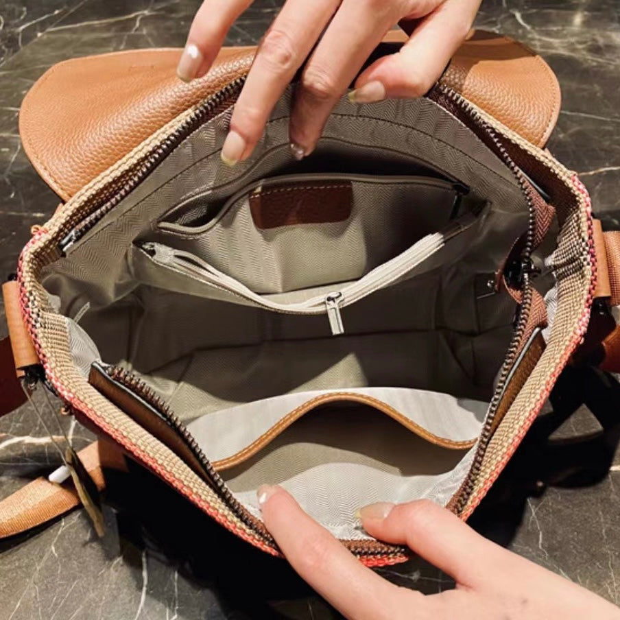 【Messenger Bag】Unisex Checkered Real Leather Flap Lock Shoulder Bag-,buy 1 get 1 pony and 1 headband