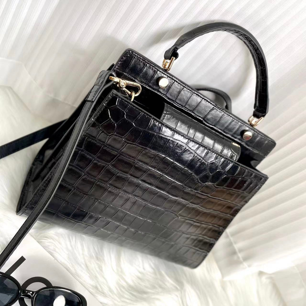 【Elena Handbag】Crocodile Pattern Cowhide Leather Bag,buy 1 get 1 pony and 1 headband