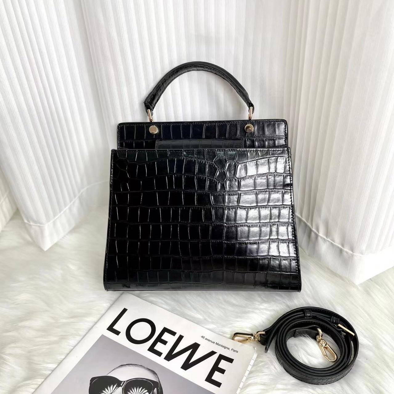 【Elena Handbag】Crocodile Pattern Cowhide Leather Bag,buy 1 get 1 pony and 1 headband