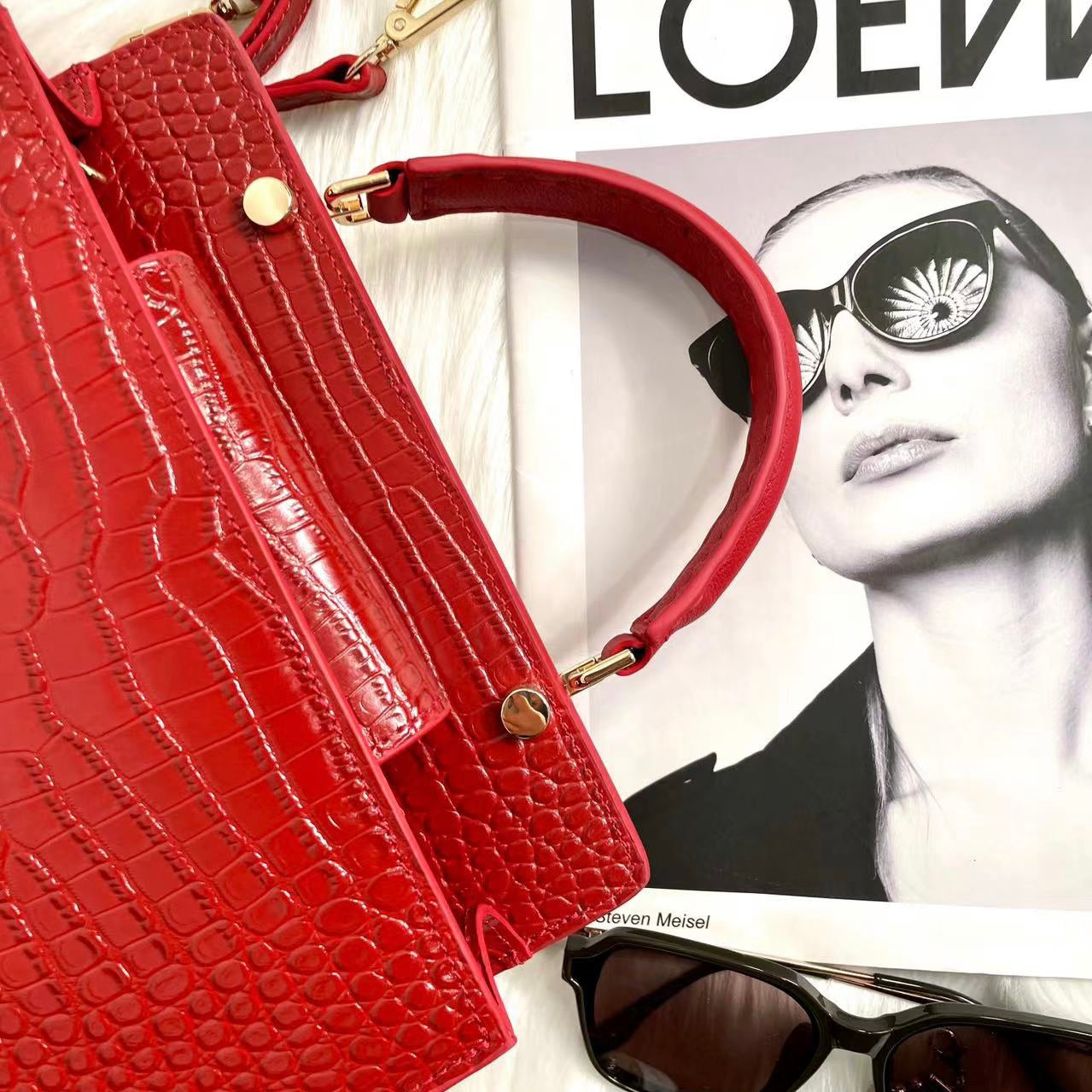 【Elena Handbag】Crocodile Pattern Cowhide Leather Bag,buy 1 get 1 pony and 1 headband