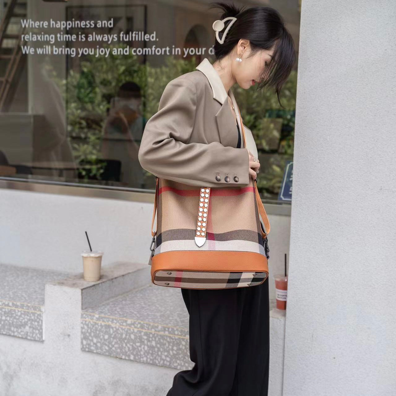 【Infinite Bag】Checkered Cowhide Leather Tote Shoulder Backpack-,buy 1 get 1 pony and 1 headband