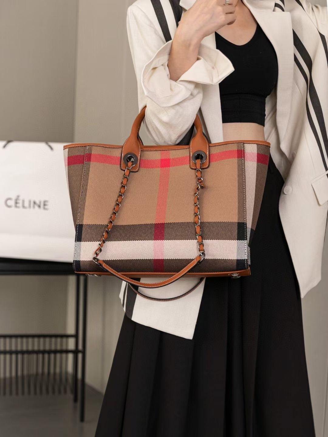 【Chain Tote】【2 in 1】CheckeredCowhide Leather Tote with Cosmatic Bag-,buy 1 get 1 pony and 1 headband