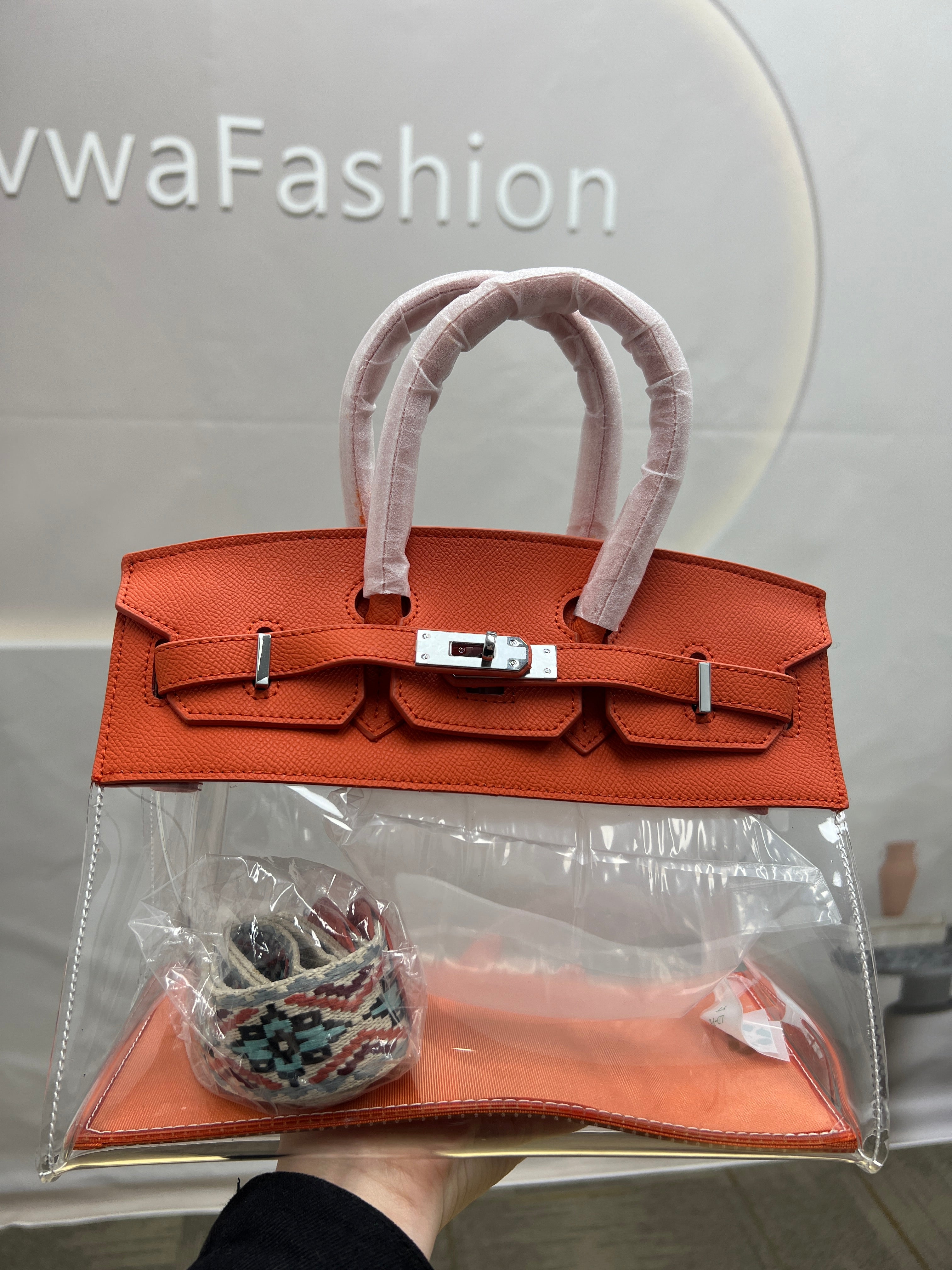 【Crystal BK】Cowhide Leather Transparent Handbag-,buy 1 get 1 pony and 1 headband