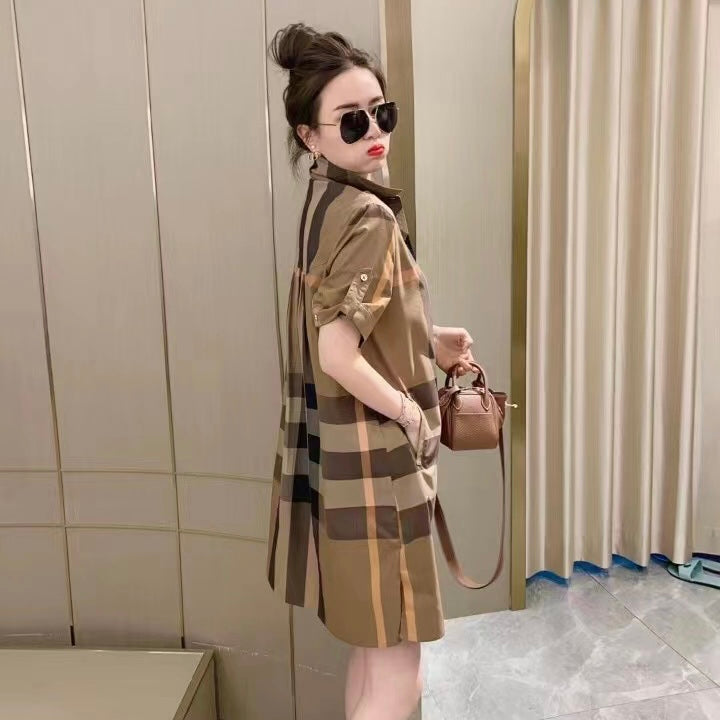 【BoBo's Dress】Checkered Short-sleeved Shirt Dress,buy 1 get 1 pony and 1 headband