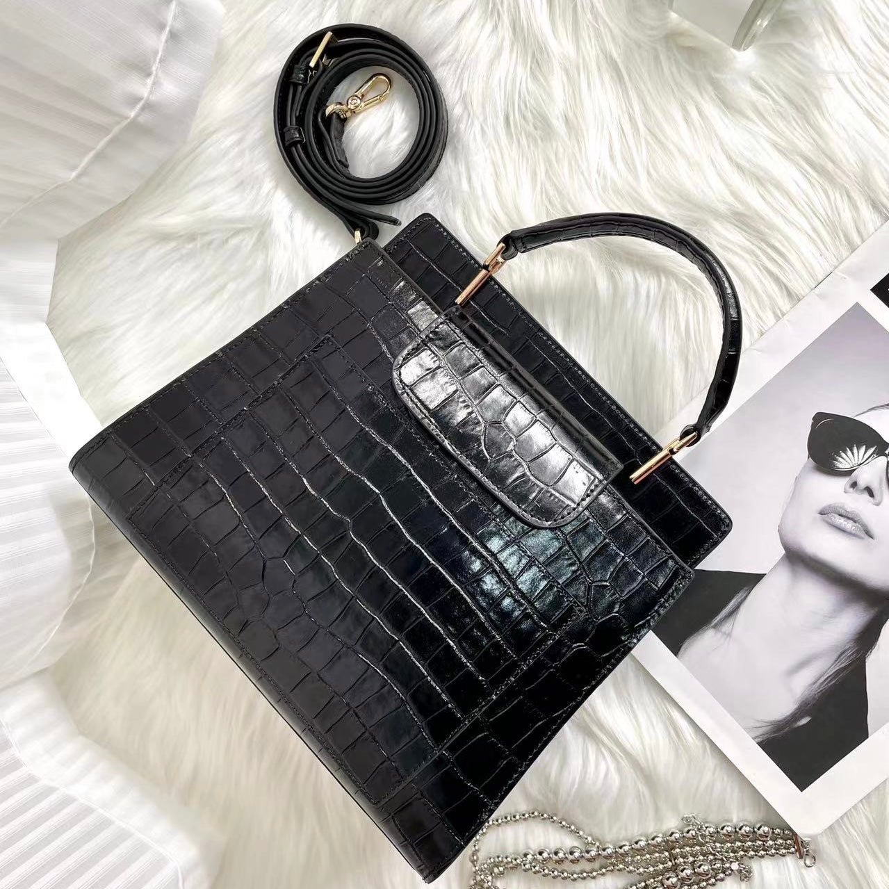 【Elena Handbag】Crocodile Pattern Cowhide Leather Bag,buy 1 get 1 pony and 1 headband