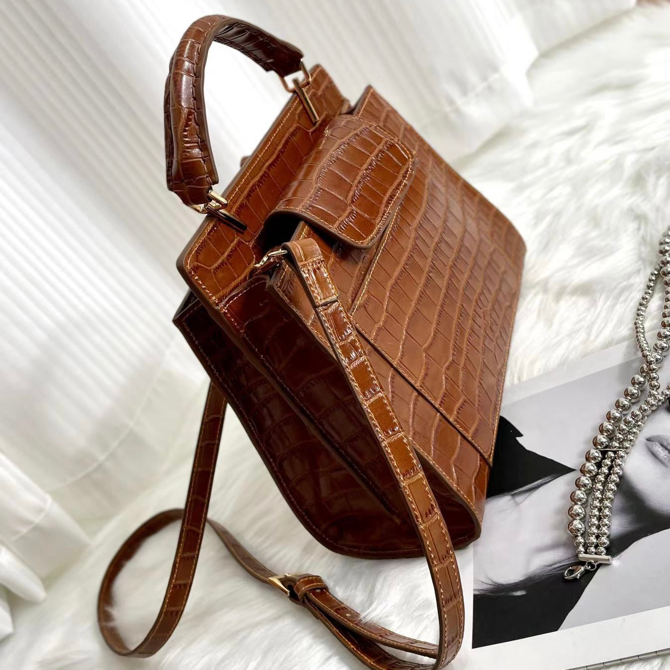 【Elena Handbag】Crocodile Pattern Cowhide Leather Bag,buy 1 get 1 pony and 1 headband