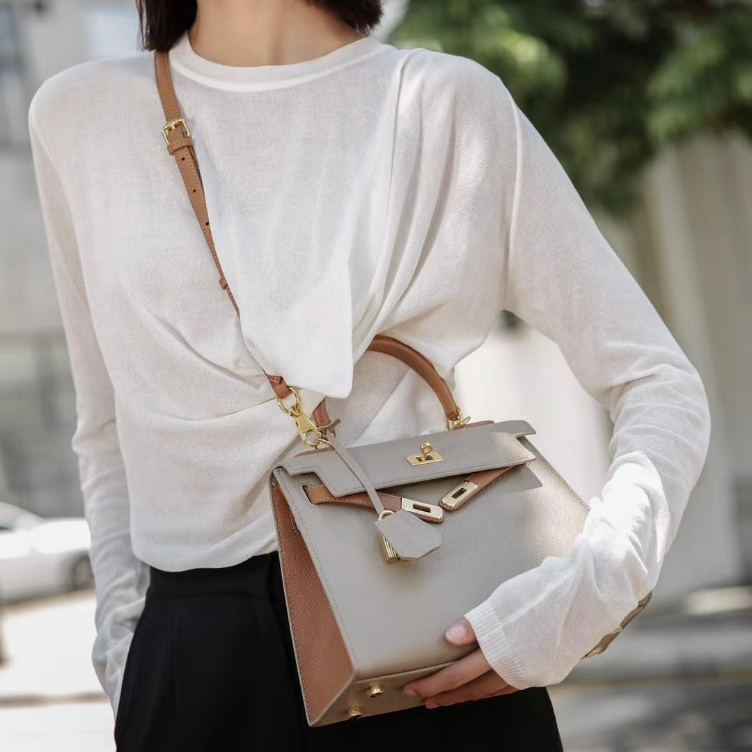 【Espom KL】Cowhide Leather 2 Tone Color Handbag---,buy 1 get 1 pony and 1 headband