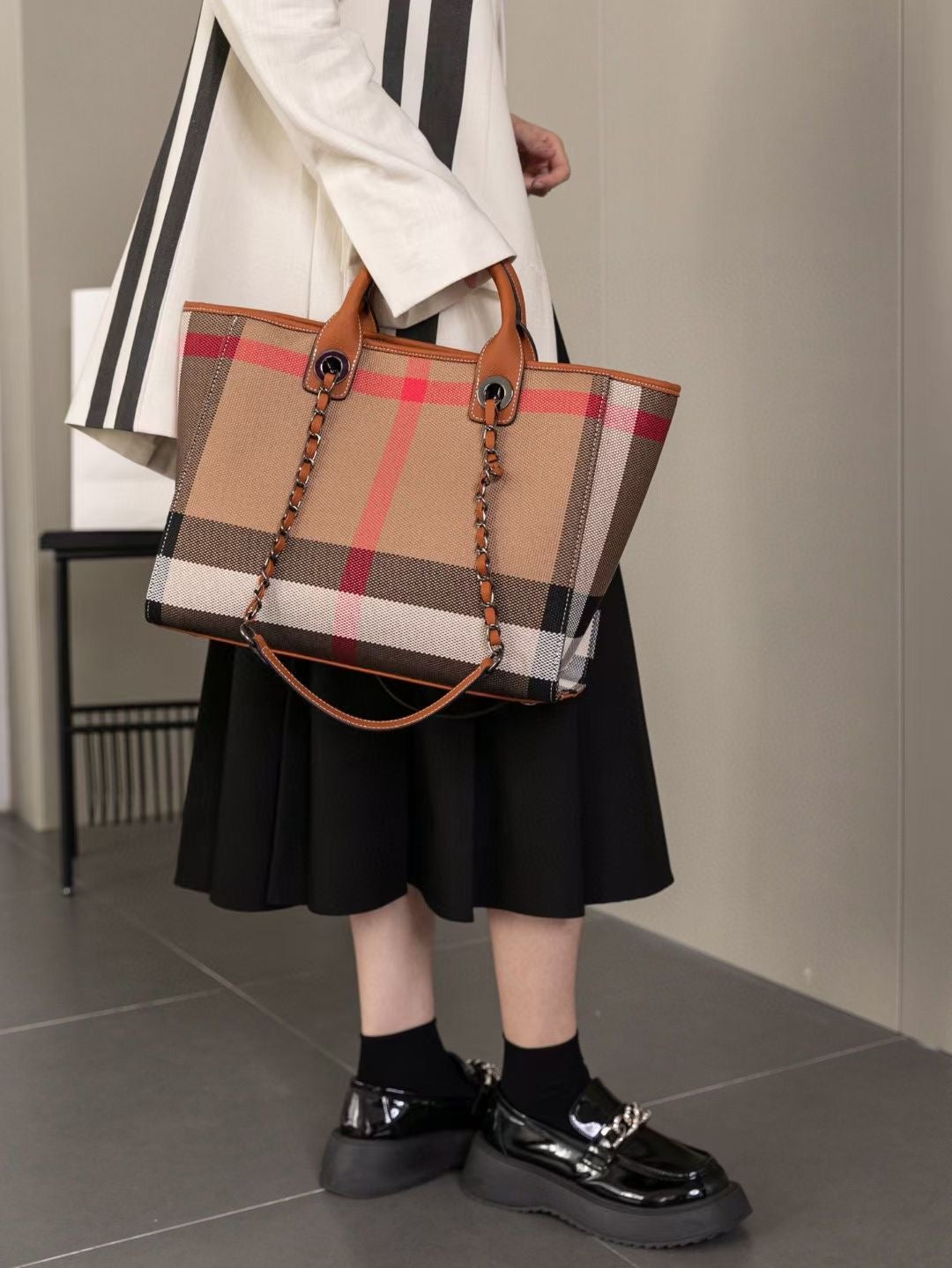 【Chain Tote】【2 in 1】CheckeredCowhide Leather Tote with Cosmatic Bag-,buy 1 get 1 pony and 1 headband