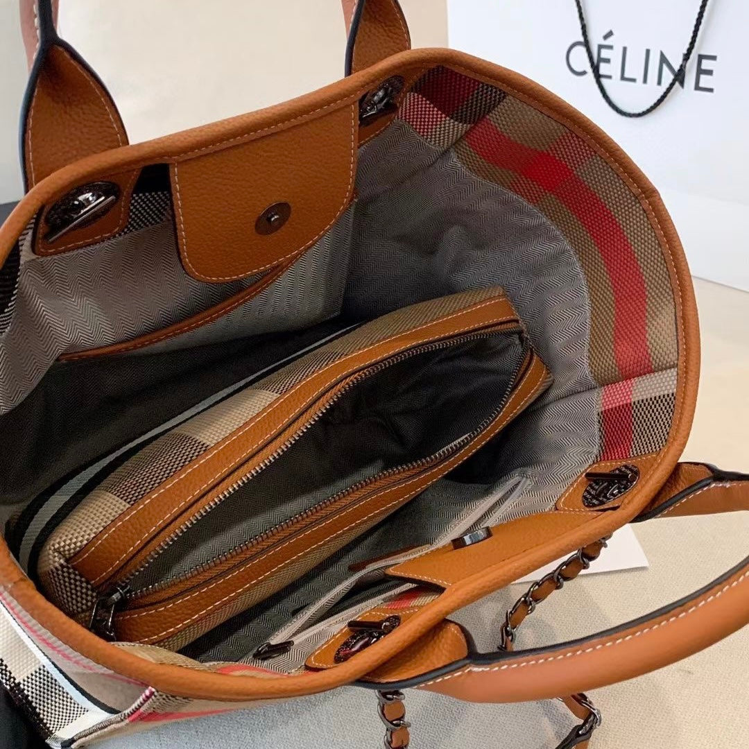 【Chain Tote】【2 in 1】CheckeredCowhide Leather Tote with Cosmatic Bag-,buy 1 get 1 pony and 1 headband