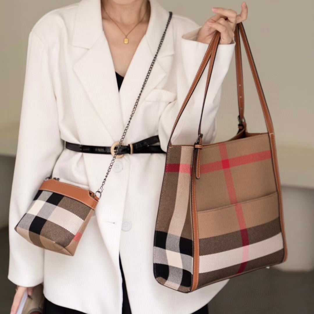 【Bb bag】【2 in 1】Checkered Cowhide Leather Shoulder Bag with Chain Cellphone Bag,buy 1 get 1 pony and 1 headband