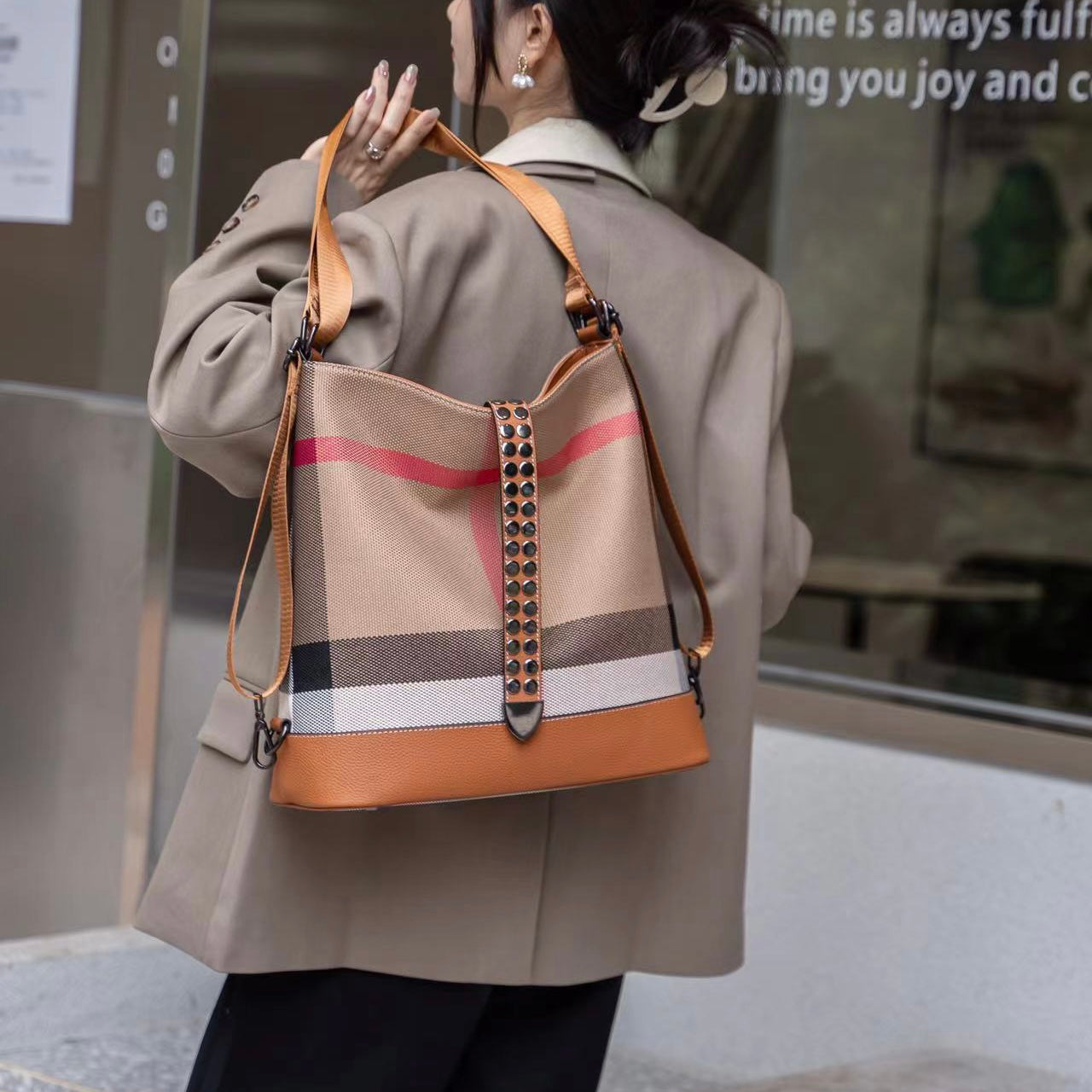 【Infinite Bag】Checkered Cowhide Leather Tote Shoulder Backpack-,buy 1 get 1 pony and 1 headband