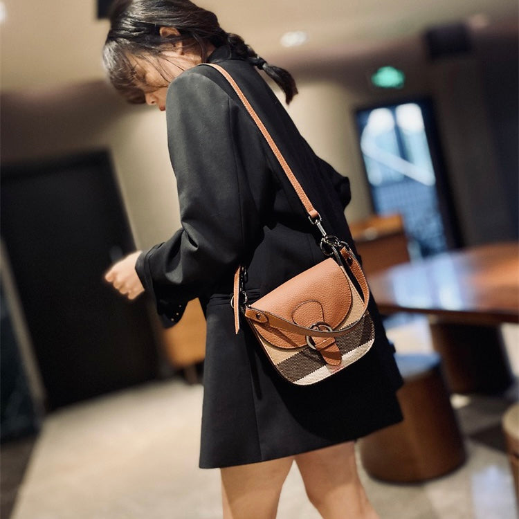【Belt Saddle】Elephant's trunk-Checkered Cowhide Leather Handbag Crossbodys-,buy 1 get 1 pony and 1 coins purse
