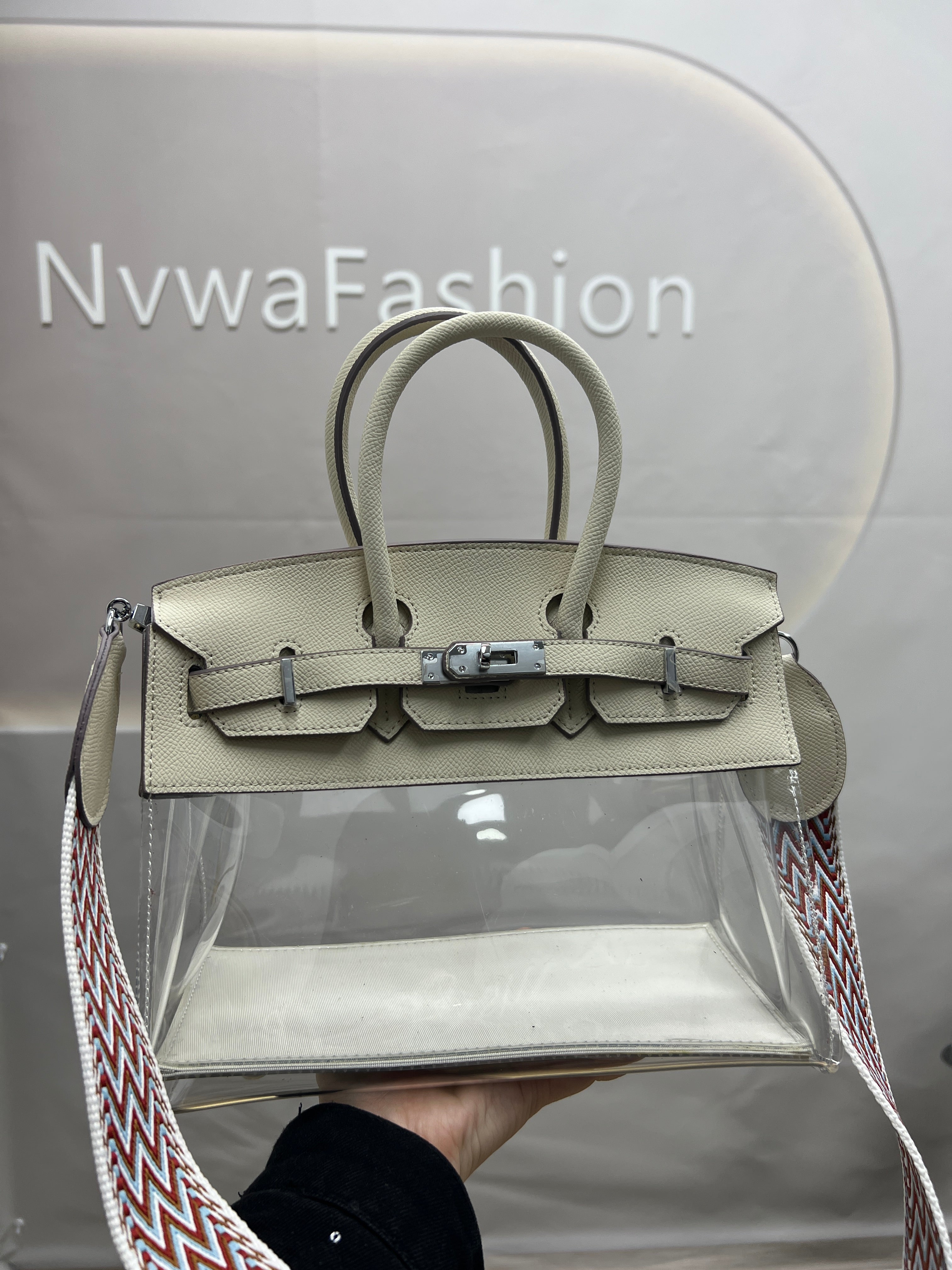 【Crystal BK】Cowhide Leather Transparent Handbag-,buy 1 get 1 pony and 1 headband