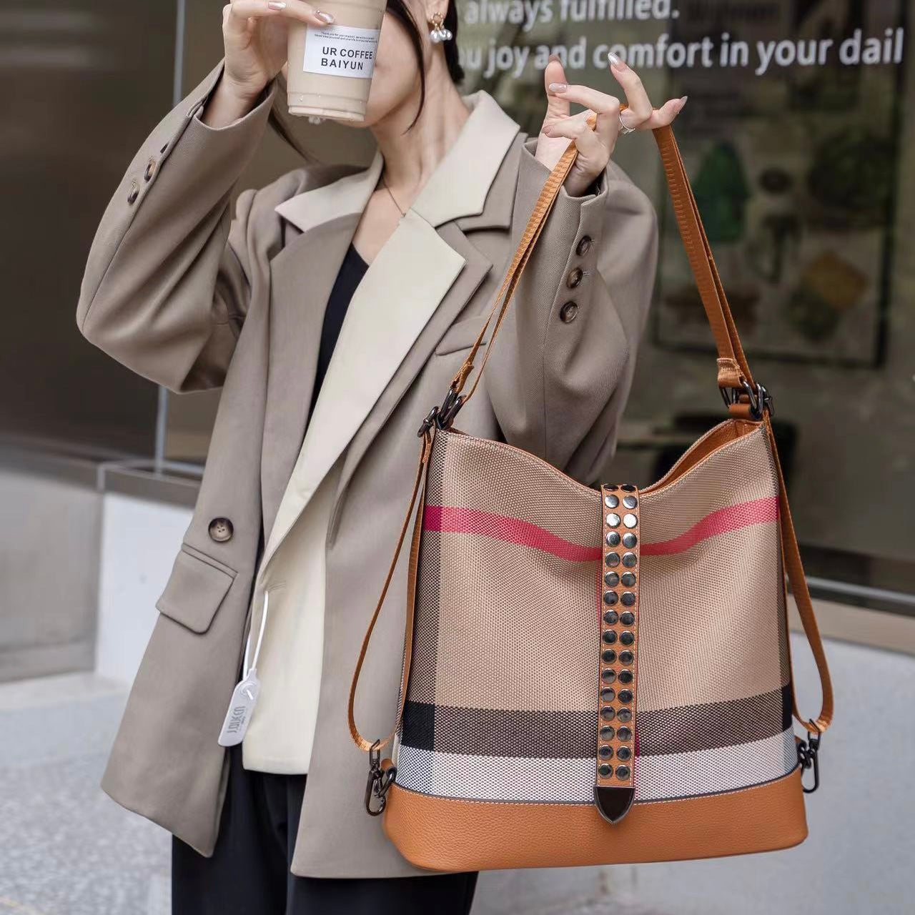 【Infinite Bag】Checkered Cowhide Leather Tote Shoulder Backpack-,buy 1 get 1 pony and 1 headband