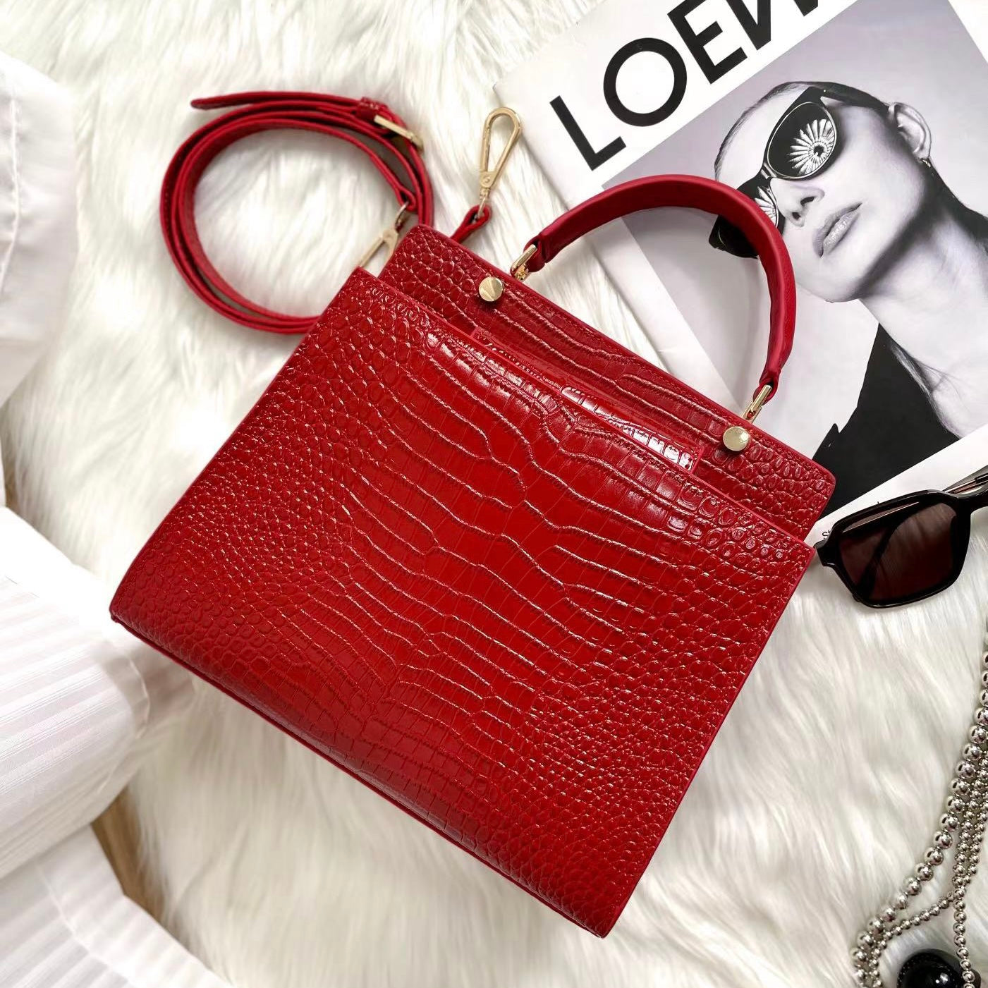 【Elena Handbag】Crocodile Pattern Cowhide Leather Bag,buy 1 get 1 pony and 1 headband