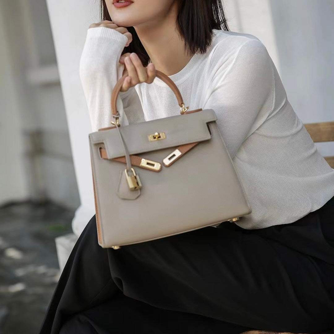 【Espom KL】Cowhide Leather 2 Tone Color Handbag---,buy 1 get 1 pony and 1 headband