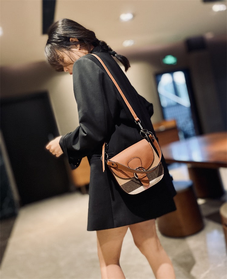 【Belt Saddle】Elephant's trunk-Checkered Cowhide Leather Handbag Crossbodys-,buy 1 get 1 pony and 1 coins purse