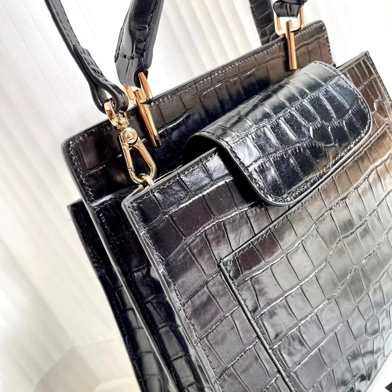 【Elena Handbag】Crocodile Pattern Cowhide Leather Bag,buy 1 get 1 pony and 1 headband