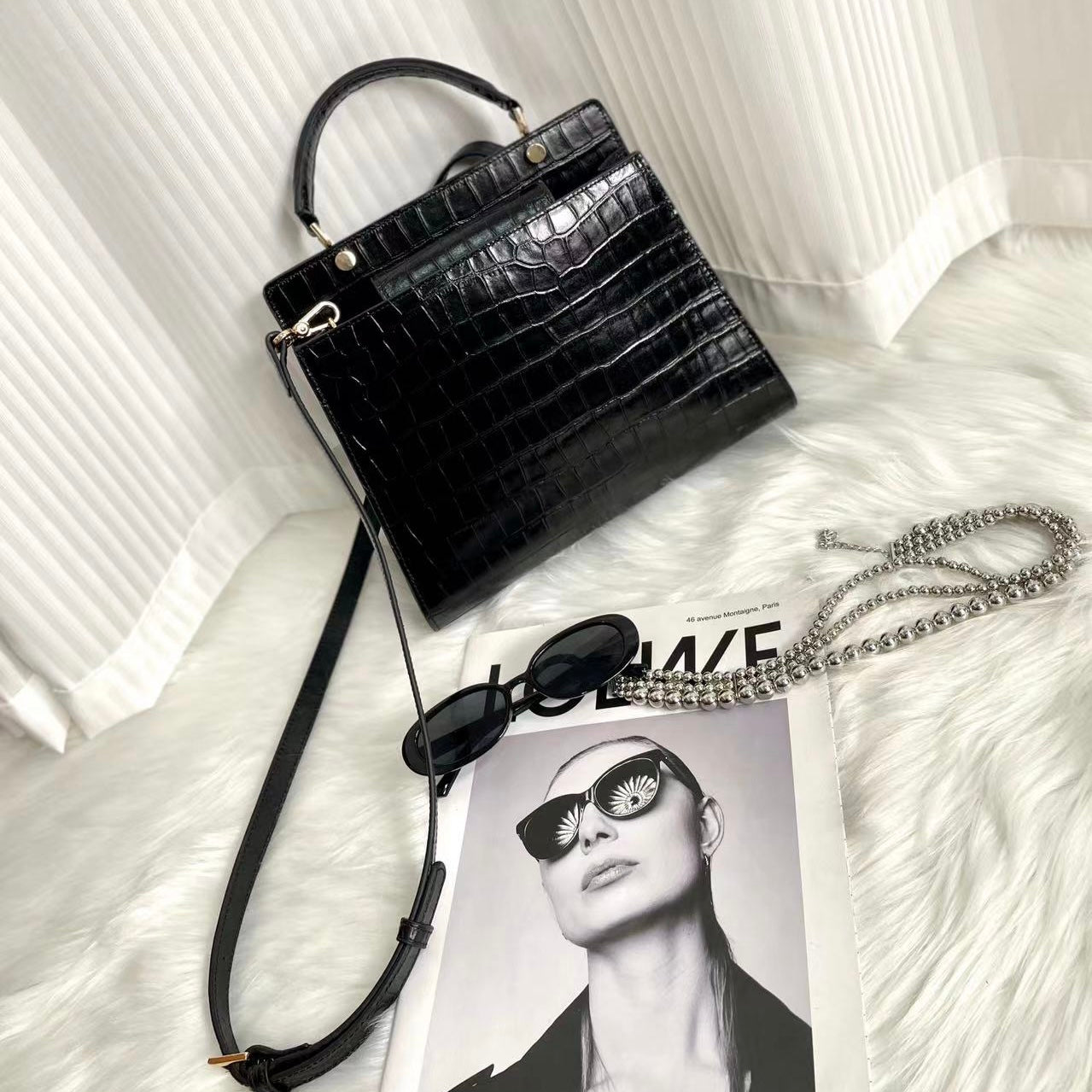 【Elena Handbag】Crocodile Pattern Cowhide Leather Bag,buy 1 get 1 pony and 1 headband