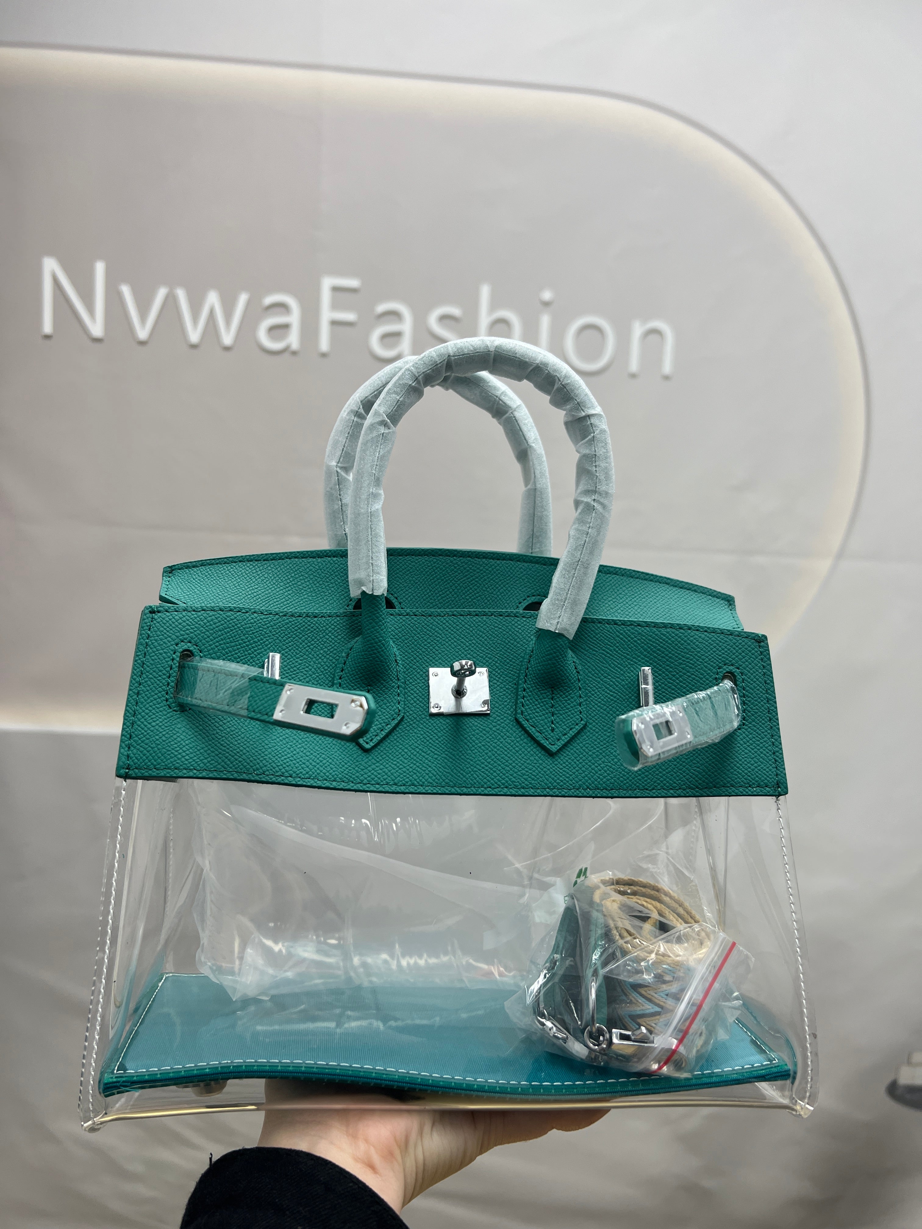 【Crystal BK】Cowhide Leather Transparent Handbag-,buy 1 get 1 pony and 1 headband