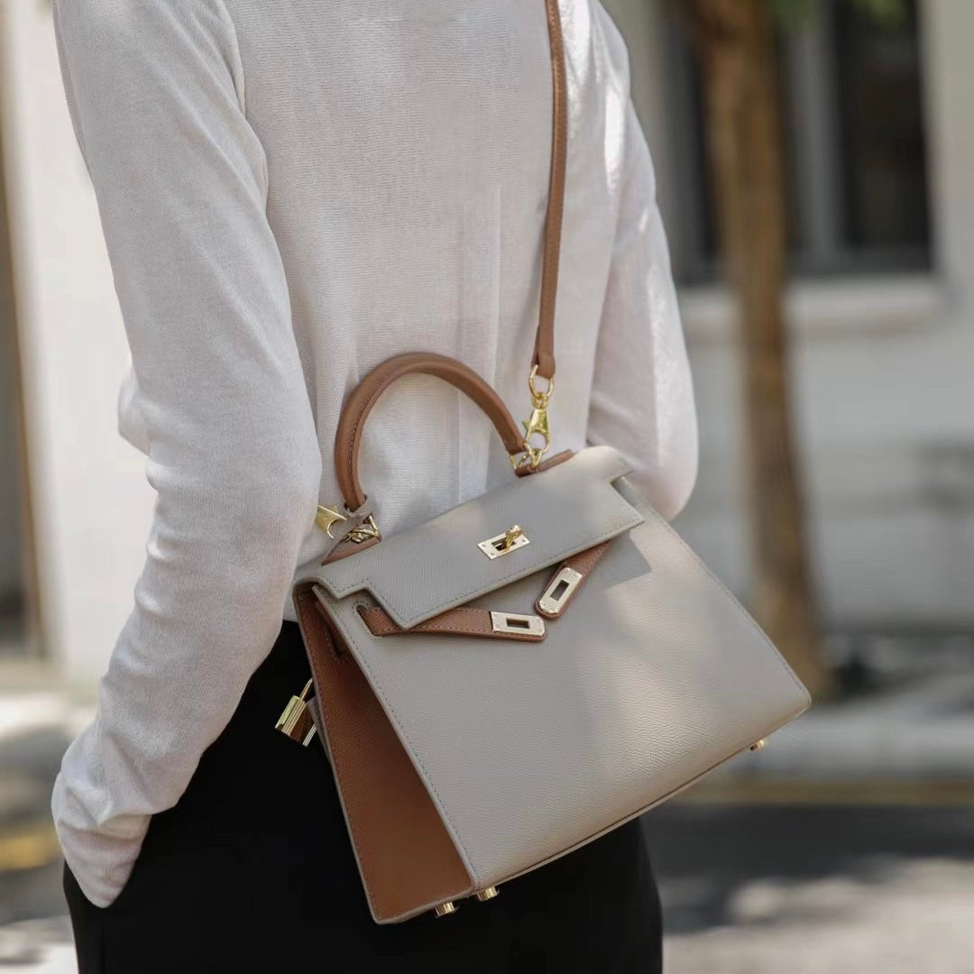【Espom KL】Cowhide Leather 2 Tone Color Handbag---,buy 1 get 1 pony and 1 headband