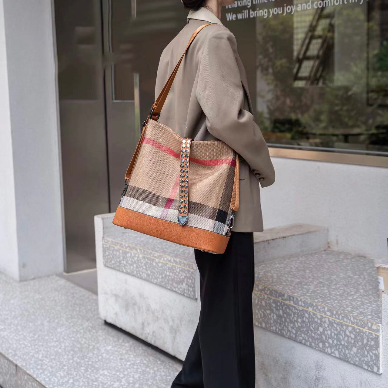【Infinite Bag】Checkered Cowhide Leather Tote Shoulder Backpack-,buy 1 get 1 pony and 1 headband