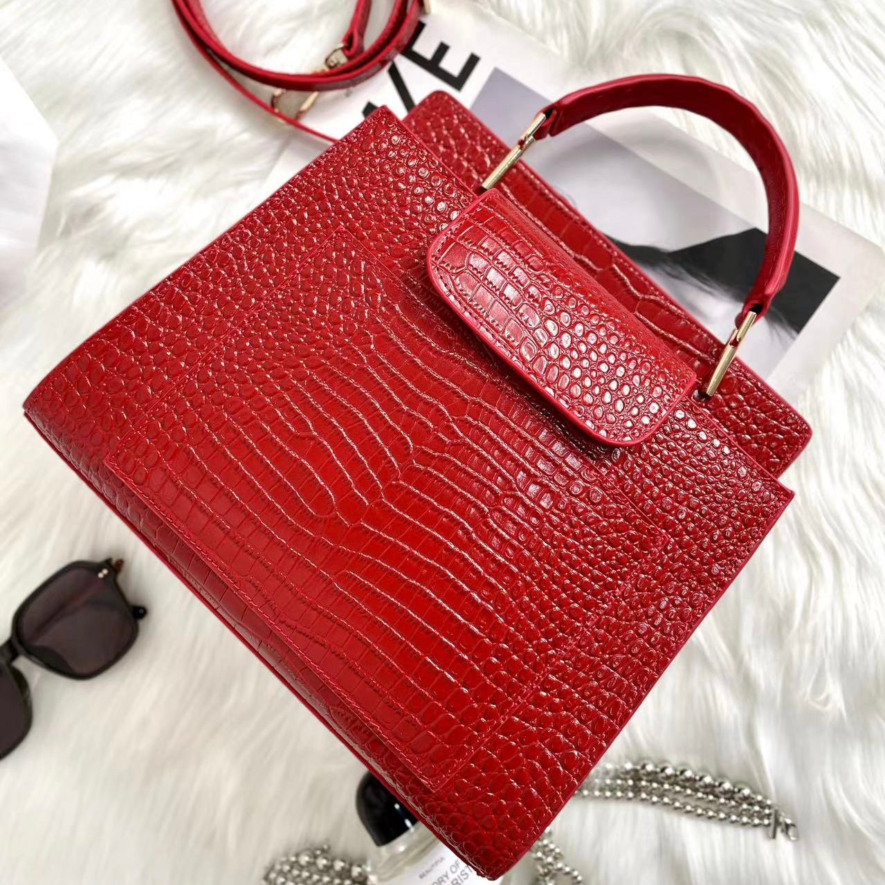 【Elena Handbag】Crocodile Pattern Cowhide Leather Bag,buy 1 get 1 pony and 1 headband